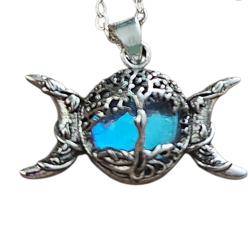 Silver Tone Triple Moon Goddess with a Center Tree Of Life Necklace - Picture 5 of 5